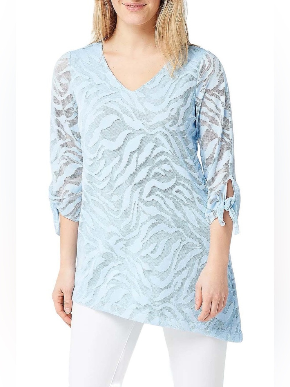 Susan Graver Lace Asymmetrical Tie Sleeve Lined Tunic Top Light Blue M